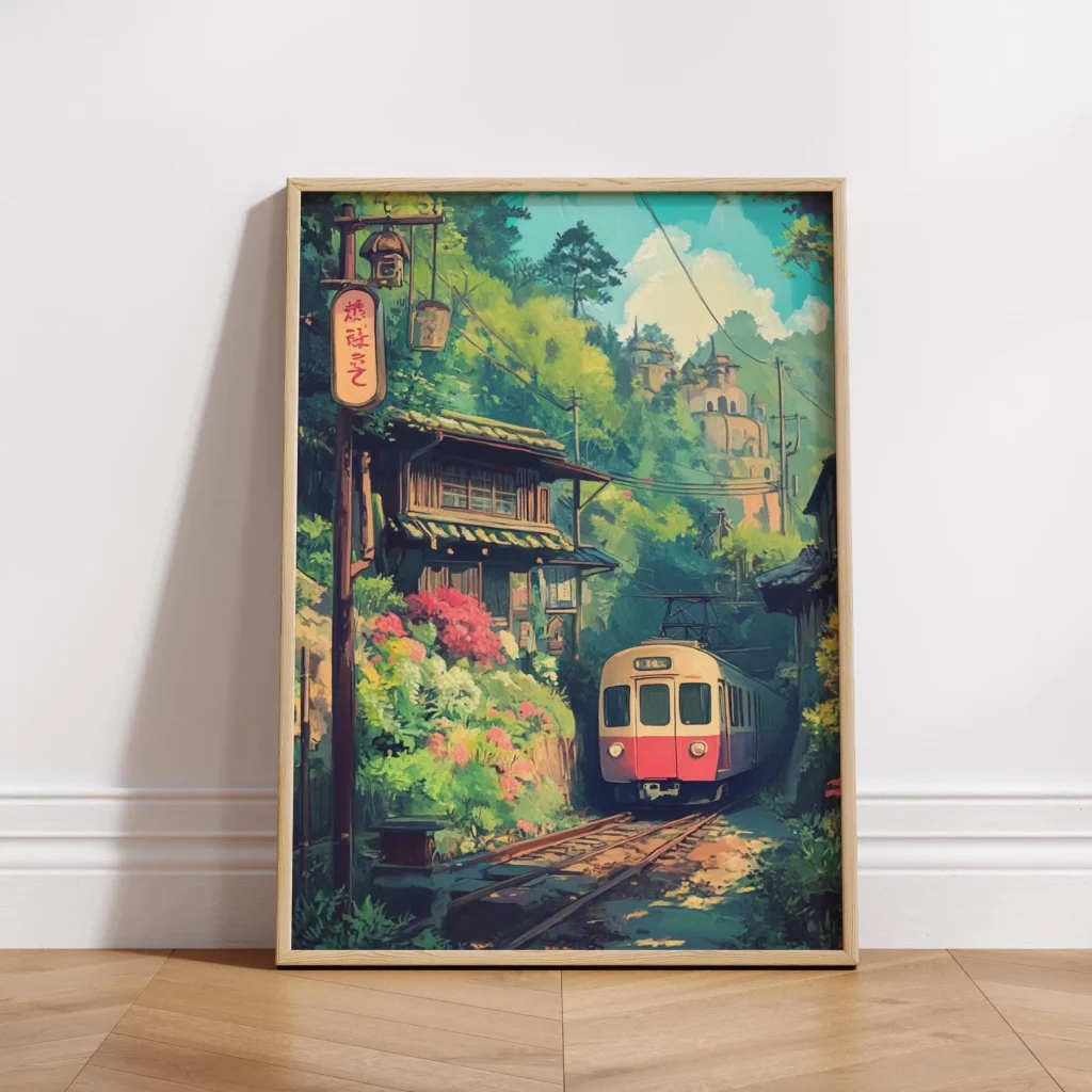 Affiche d'un train dans une ruelle fleurie