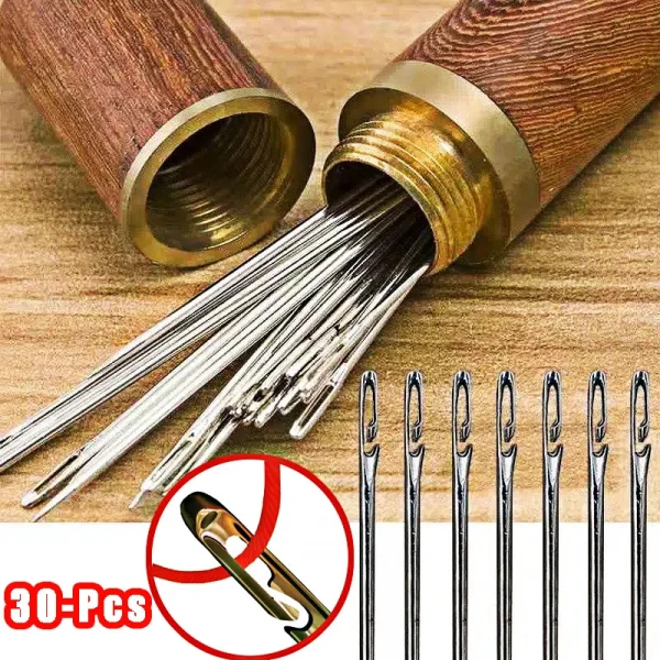 Aiguilles à chas ouvert faciles à enfiler, 30 pièces en étui bois