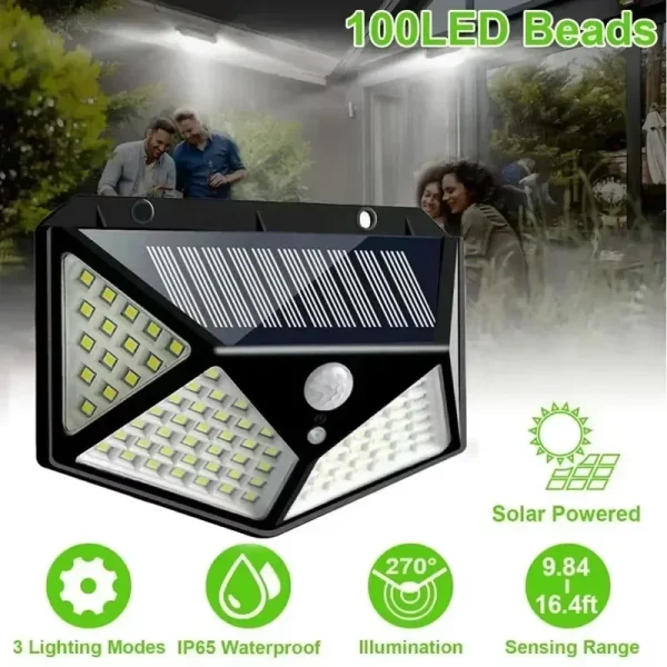 Applique solaire 100 LED à détecteur de mouvement, 3 modes