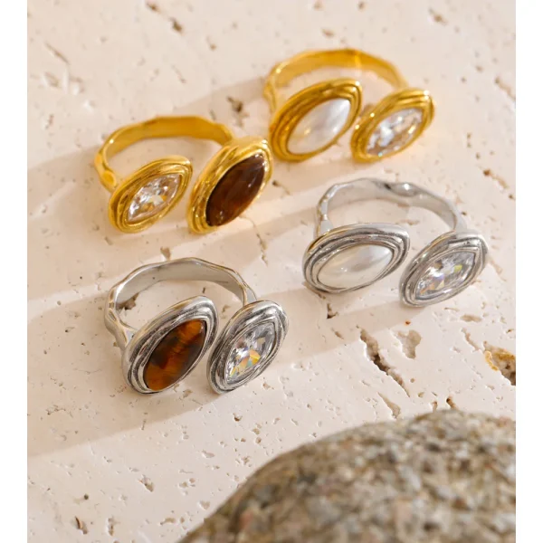 Bague ouverte œil-de-tigre ou perle et zircon