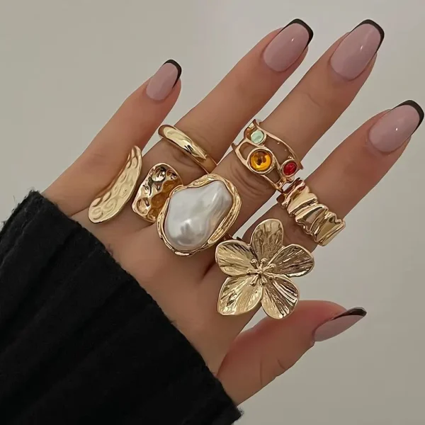 Bagues ouvertes fleur et perle, lot de 6