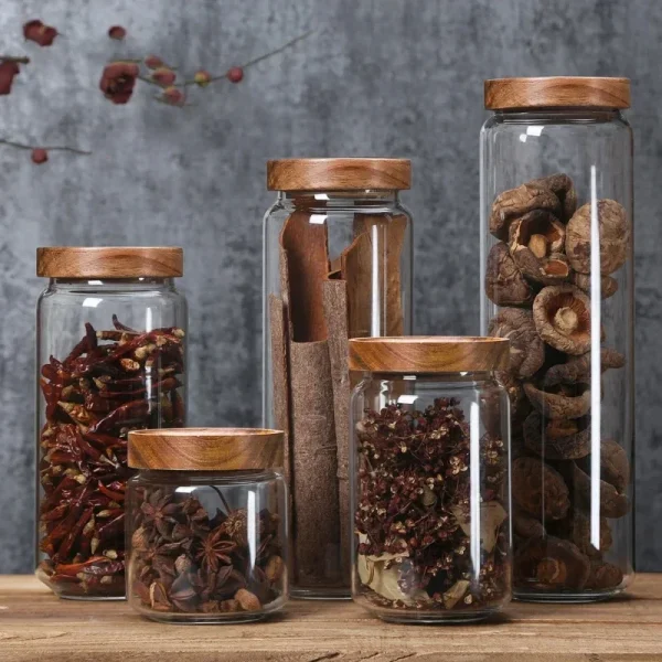 Bocal en verre avec couvercle en bois d'acacia