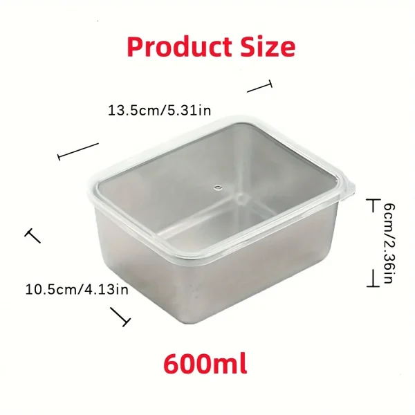 Dimensions de la boîte en inox : 13,5 × 10,5 × 6 cm, 600 ml