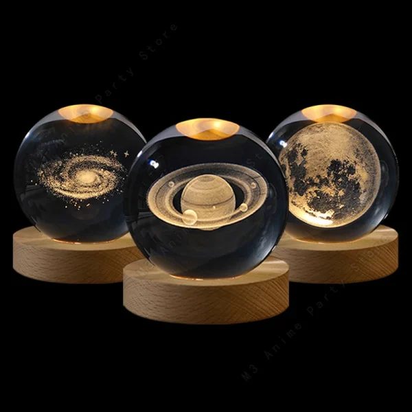 Boule de cristal lumineuse gravée 3D sur socle en bois, USB