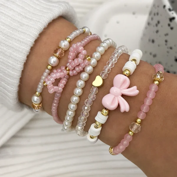Bracelets de perles roses et nœuds, lot de 6