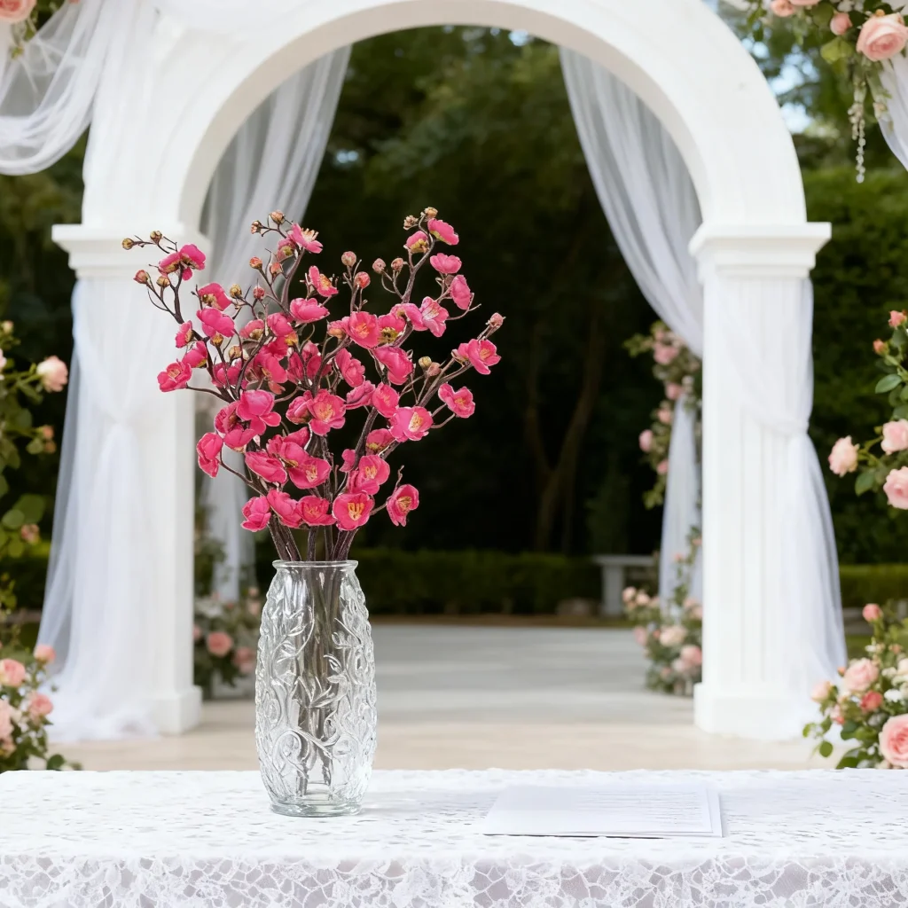 Branches fuchsia sur une table de mariage