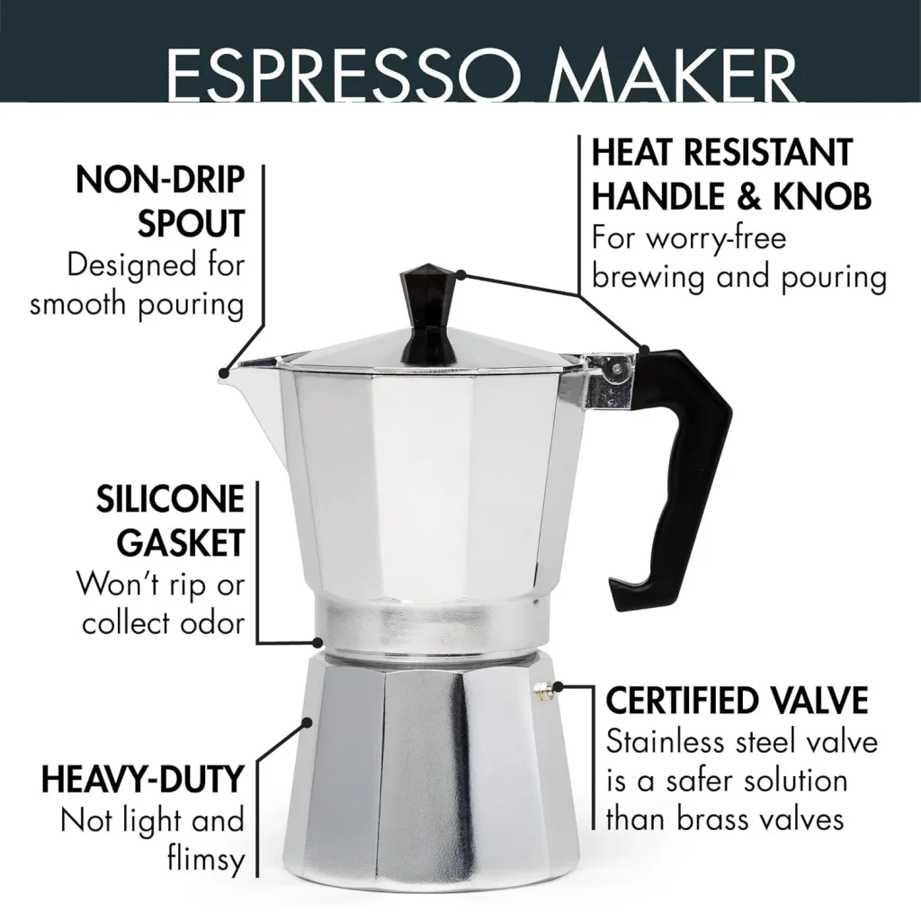 Détails de la cafetière : bec, poignée, joint, soupape