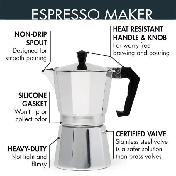 Détails de la cafetière : bec, poignée, joint, soupape