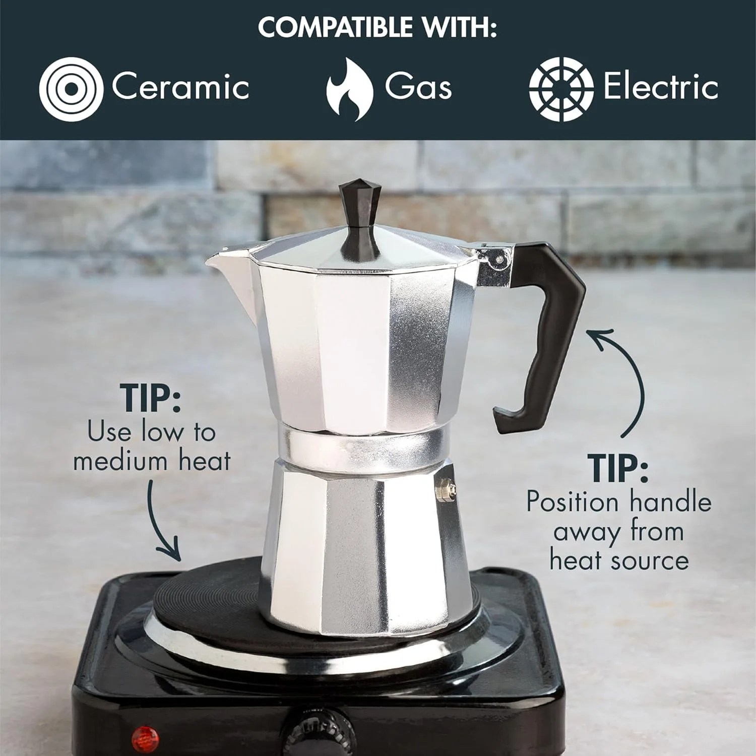 Cafetière compatible gaz, électrique et vitrocéramique