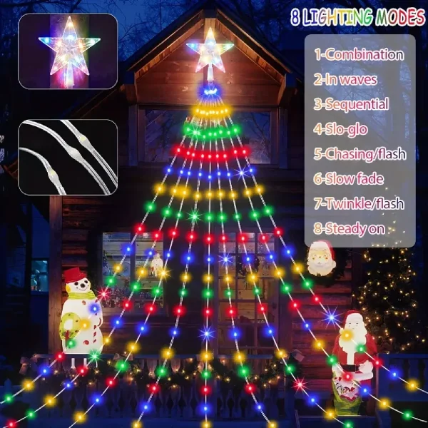 Cascade lumineuse « sapin » avec étoile, solaire ou USB, 2 ou 3 m