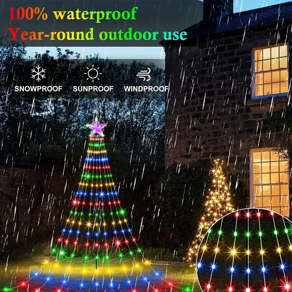 Cascade lumineuse dans un jardin enneigé
