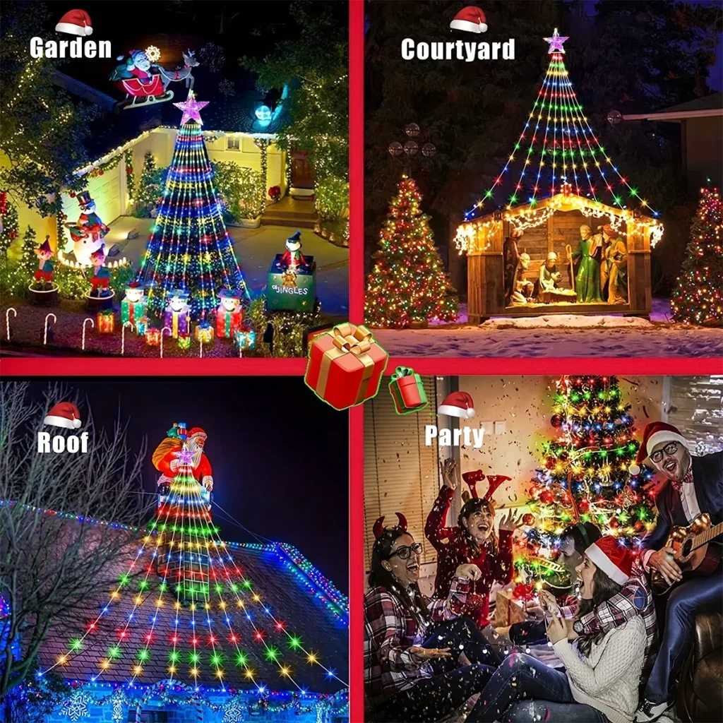 Cascades lumineuses au jardin, dans une cour, sur un toit et en fête