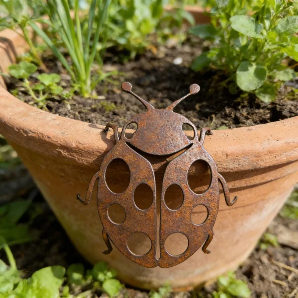 Coccinelle décorative en métal rouillé, 15 cm