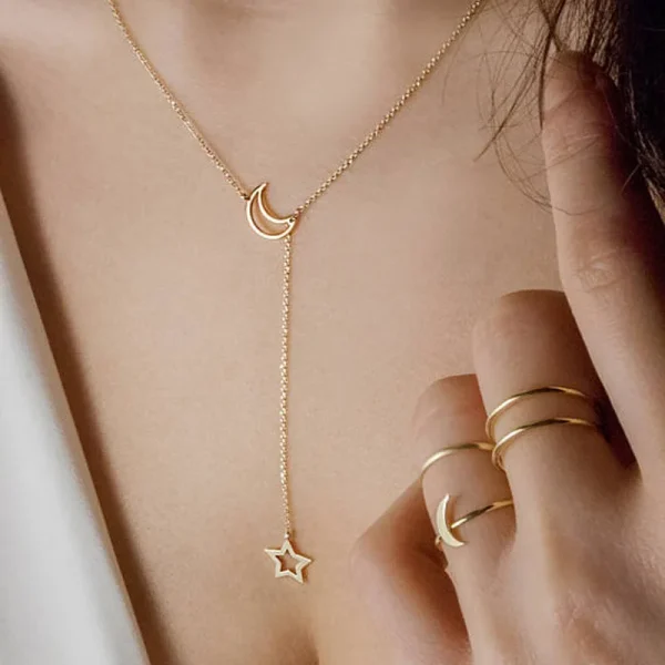 Collier lune et étoile doré, chaîne fine à pendentif lariat