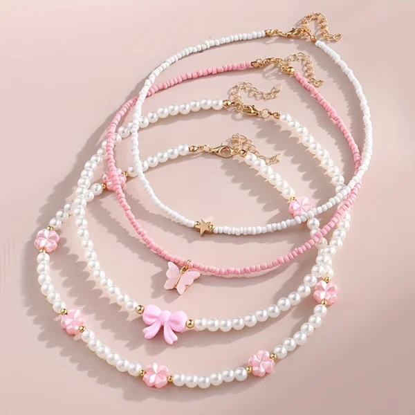 Colliers de perles roses pour enfant, lot de 4