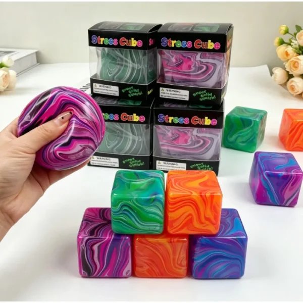 Cube anti-stress marbré rempli de gel, rebond lent – 3,5 ou 5,5 cm, avec ou sans boîte