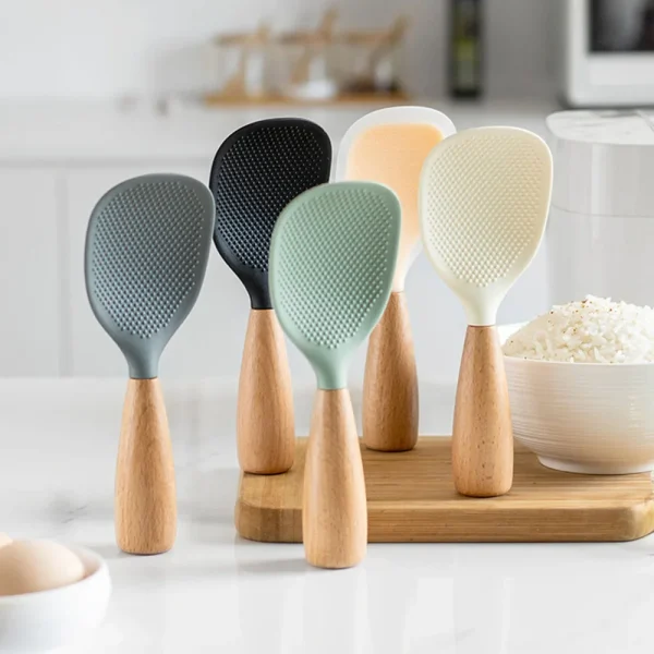Cuillère à riz en silicone à manche en bois, 21 cm