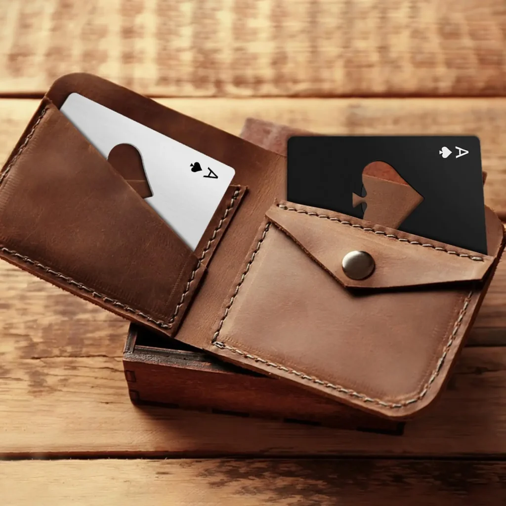 Décapsuleur carte rangé dans un portefeuille