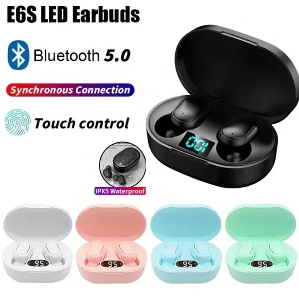 Écouteurs sans fil E6S à affichage LED, Bluetooth 5.0, IPX4 – blanc, bleu, rose ou vert