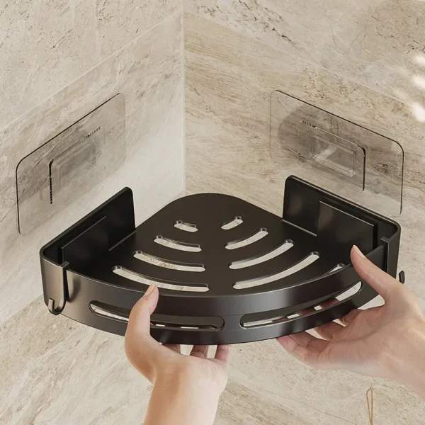 Étagère d'angle de douche adhésive noire