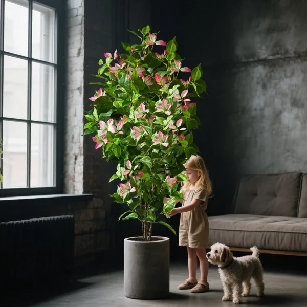 Arbuste rose et enfant