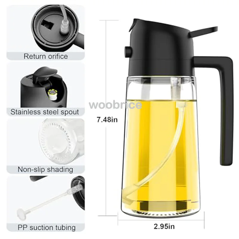 Détails de l'huilier : bec inox, base antidérapante, tube d'aspiration