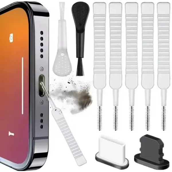 Kit de nettoyage pour ports de téléphone et écouteurs – brosses fines et bouchons anti-poussière