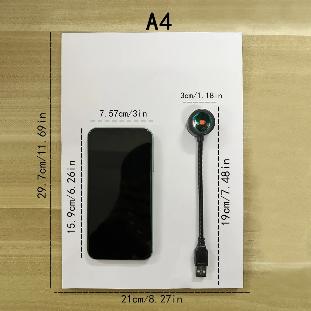 Dimensions de la lampe comparées à une feuille A4