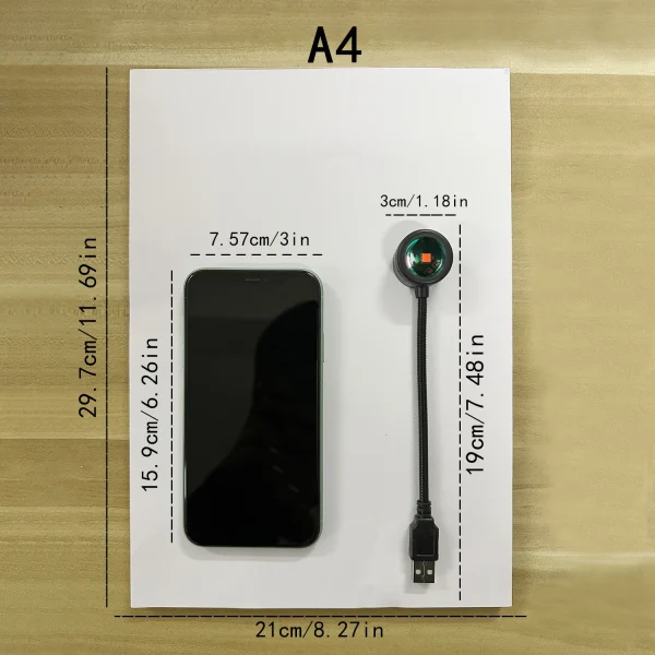 Dimensions de la lampe comparées à une feuille A4