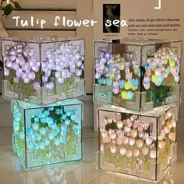 Lampe cube « champ de tulipes » à assembler, effet miroir infini