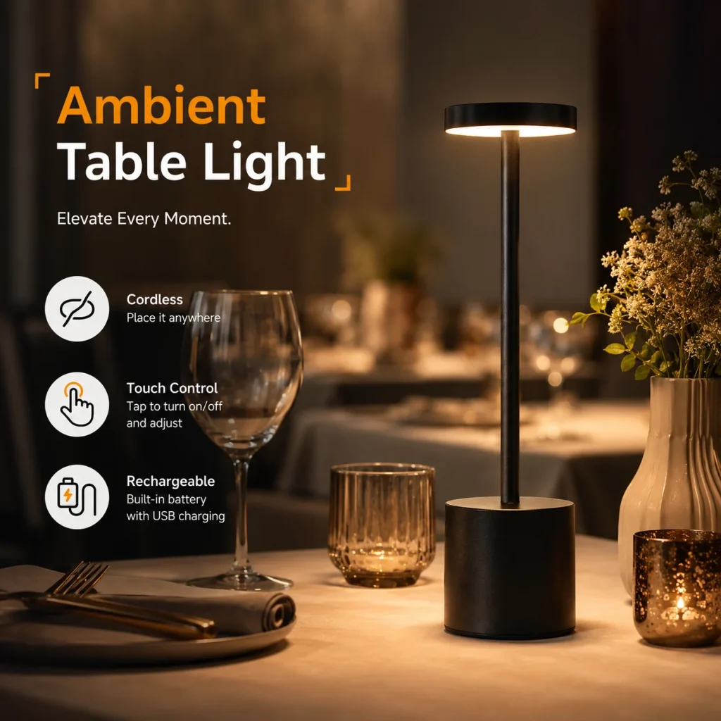 Lampe de table sans fil sur une table de restaurant