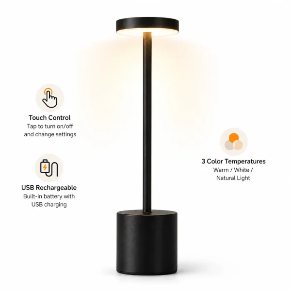 Lampe de table sans fil en métal, tactile, rechargeable, 34 cm