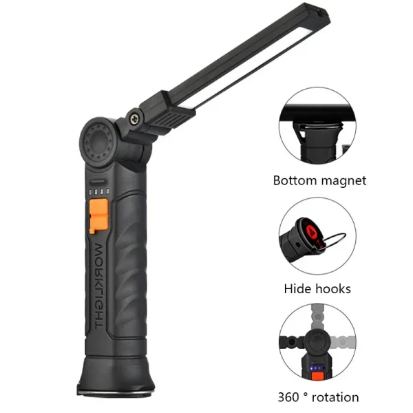 Lampe de travail LED COB rechargeable USB, pliable, aimantée, avec crochet