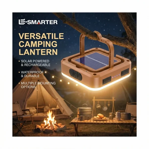 Lanterne de camping solaire rechargeable USB-C, 3 intensités, aimantée, IP65 – 5 000 mAh