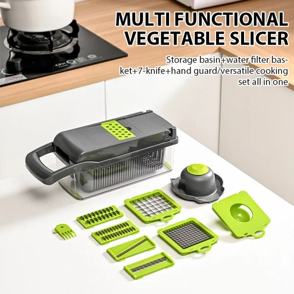Mandoline multifonction 16 en 1 avec bac de récupération et panier d'égouttage