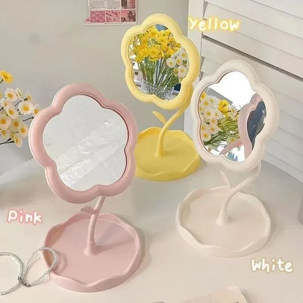Miroir de table fleur avec plateau à bijoux – rose, blanc ou jaune