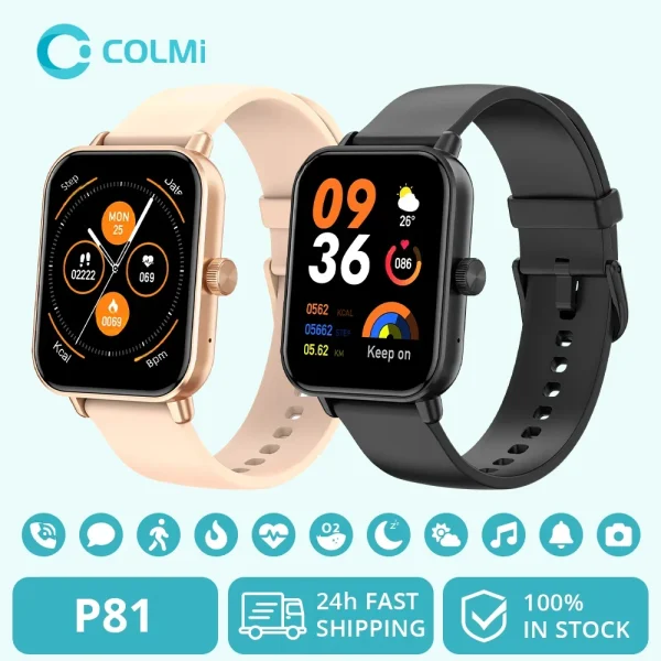 Montre connectée COLMI P81 – écran 1,9", appels Bluetooth, cardio 24 h, 100 sports, IP68
