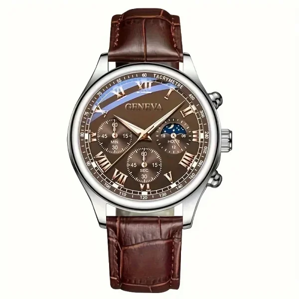 Montre homme à quartz, cadran marron à chiffres romains, bracelet cuir marron