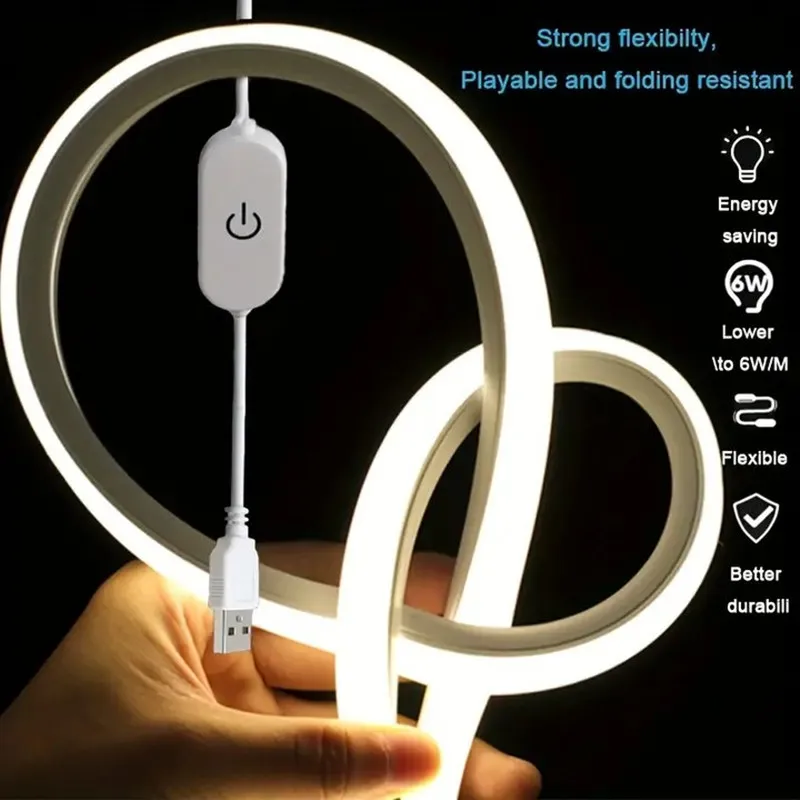 Néon LED souple tenu à la main avec son interrupteur