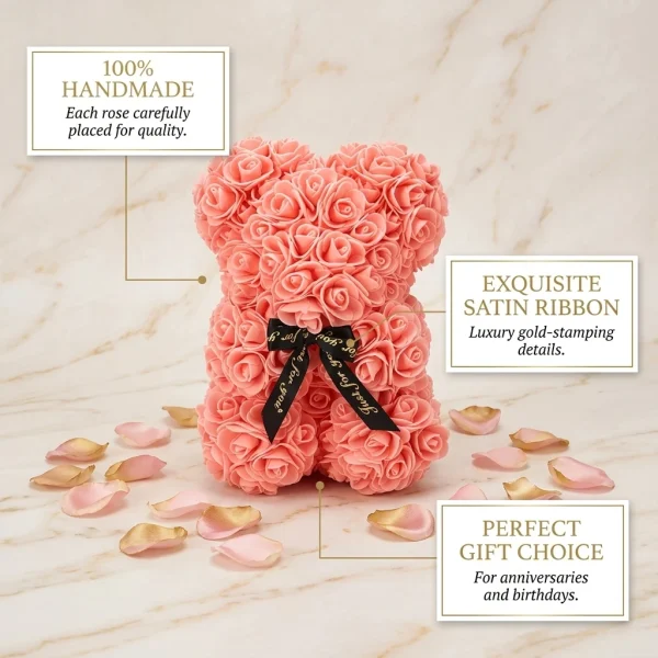 Ourson corail, fait main, ruban satiné