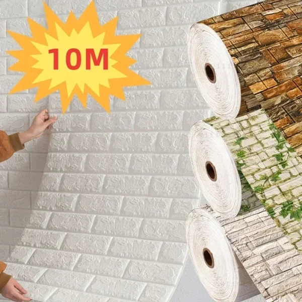 Papier peint adhésif 3D effet briques, 70 cm × 1 à 10 m