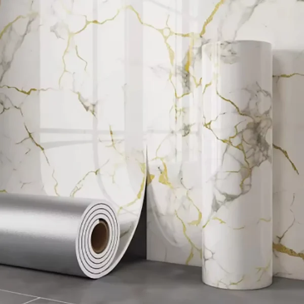 Papier peint adhésif mousse effet marbre blanc et or, rouleau de 40 cm × 3 ou 10 m