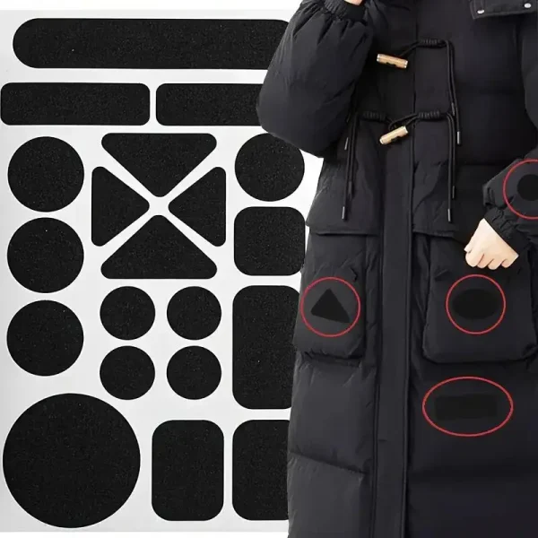 Patchs de réparation sur un long manteau en duvet