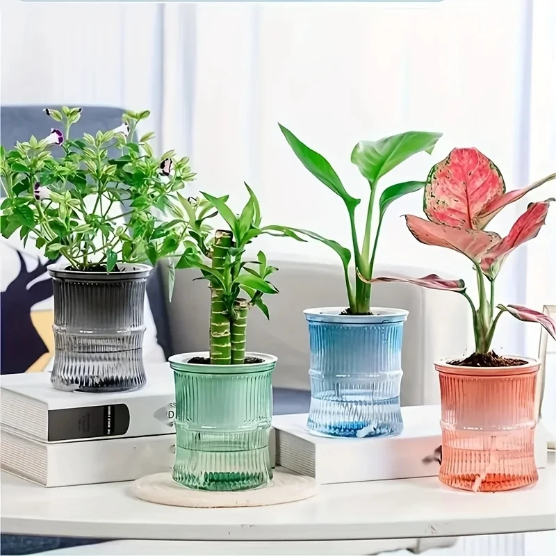 Quatre pots cannelés avec plantes