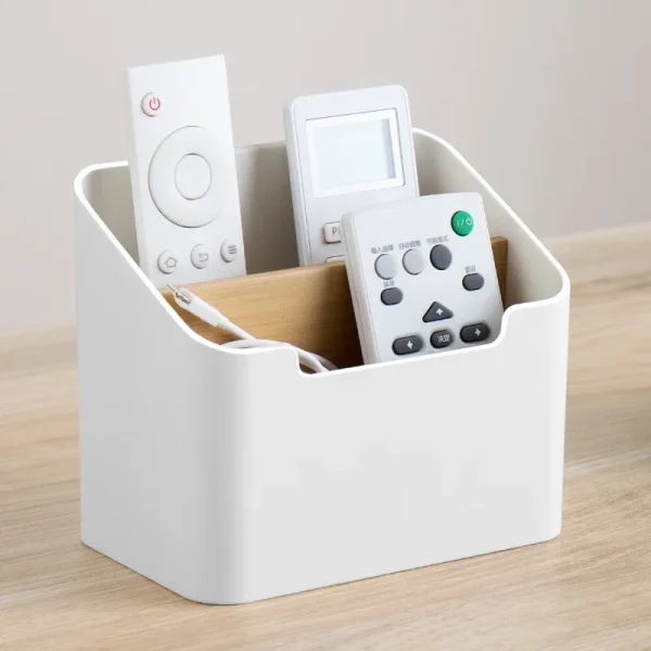 Range-télécommandes à compartiments, blanc et bois