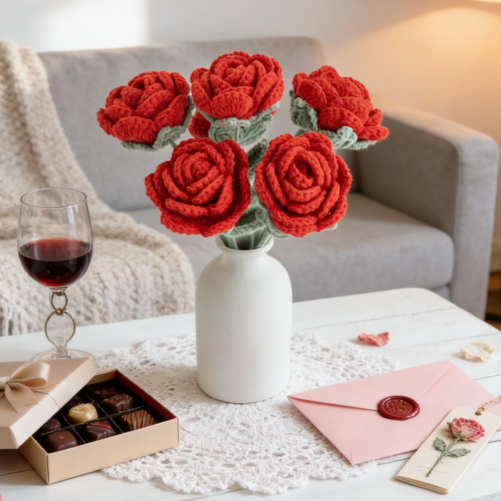 Roses au crochet dans un vase blanc