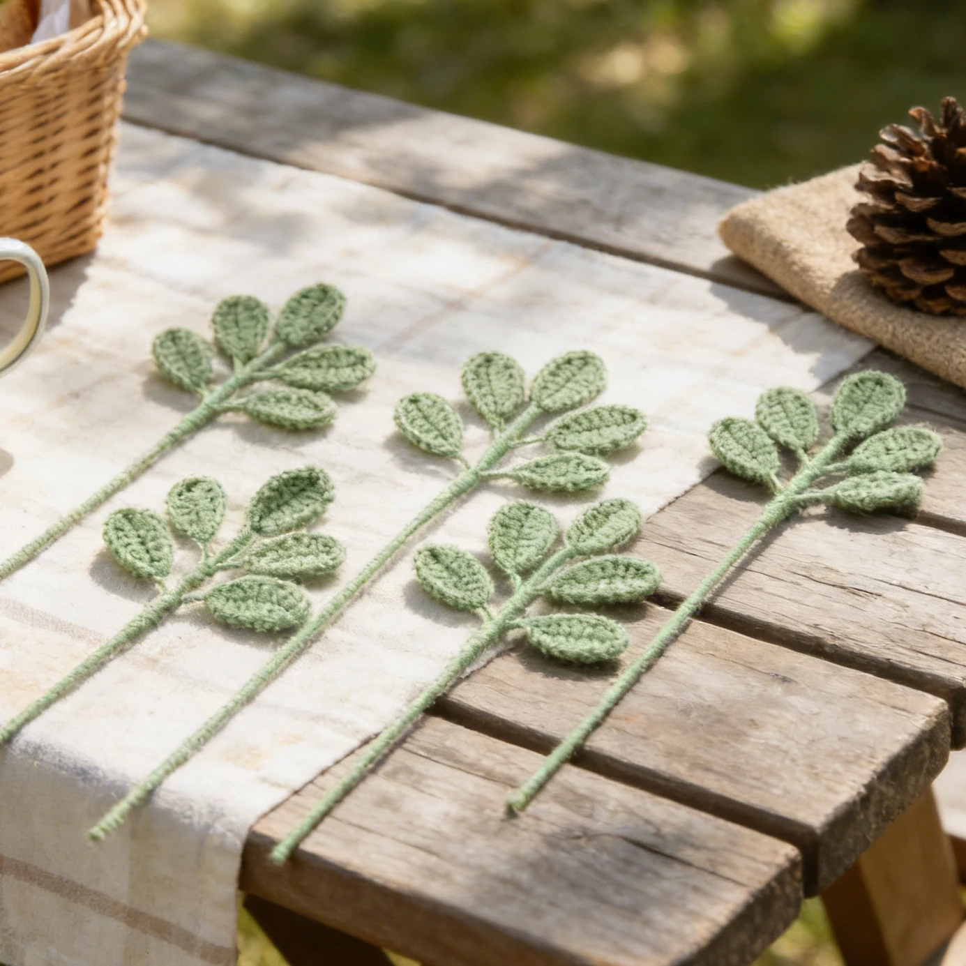 Tiges feuillues au crochet sur une table