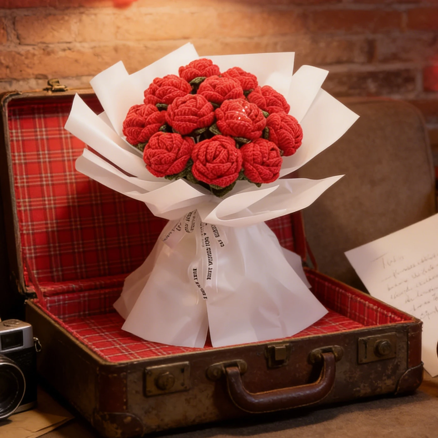 Bouquet de roses au crochet dans une valise