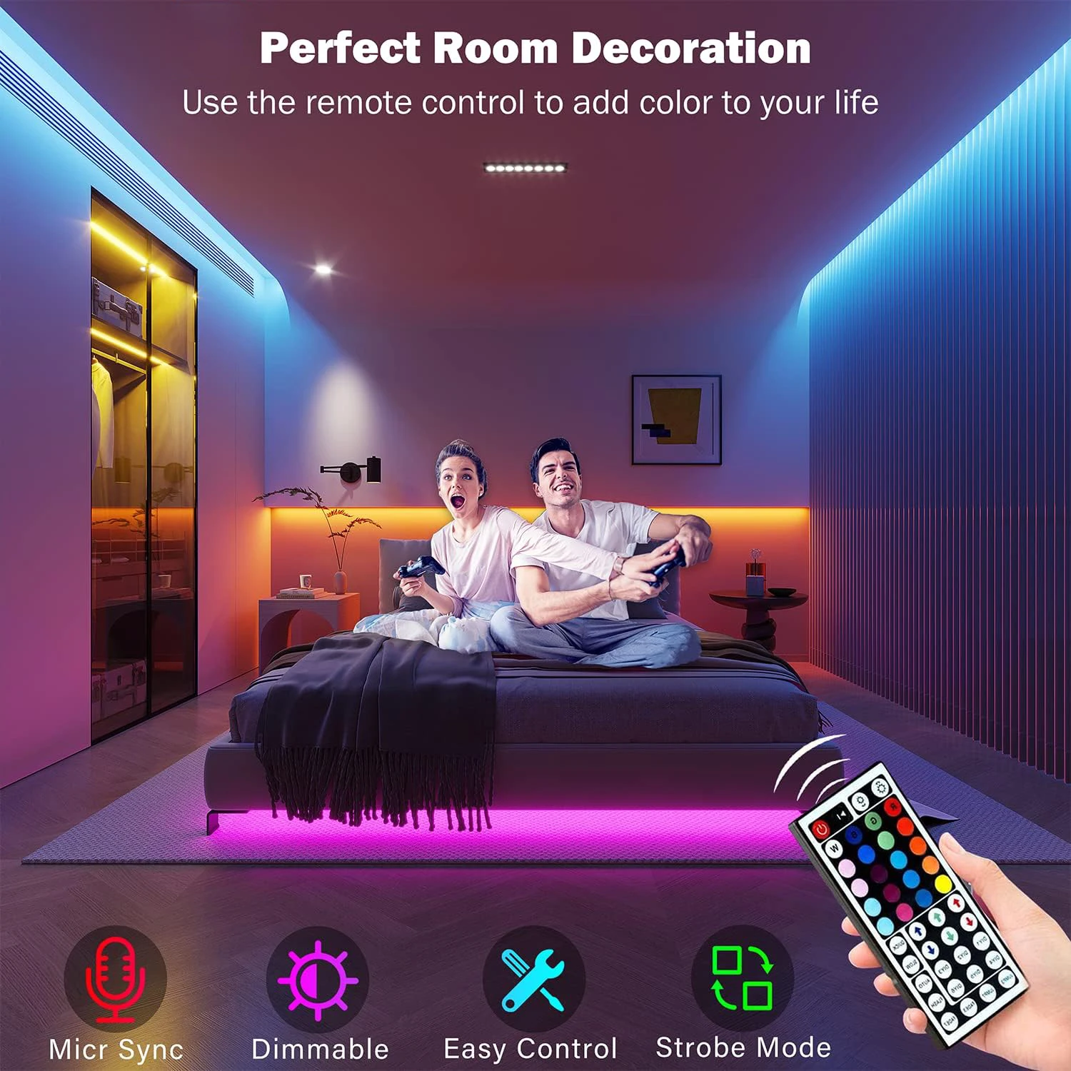 Chambre éclairée en couleur avec télécommande