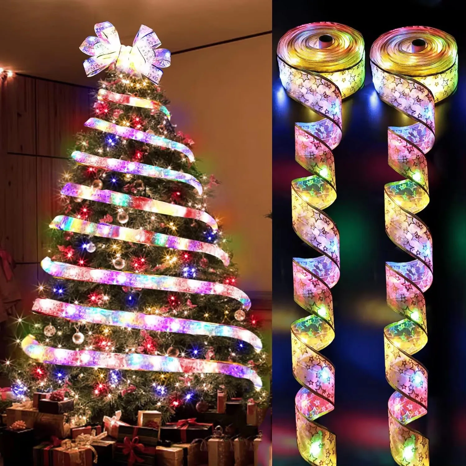 Sapin entouré d'un ruban lumineux multicolore